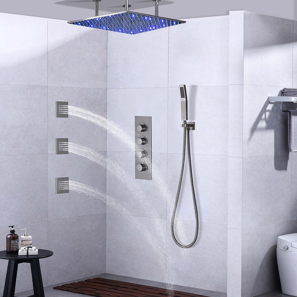 Ceiling LED Shower Set Thermostatic Valve Brushed Nickel Wall Mount with Jets Spray & Handshower