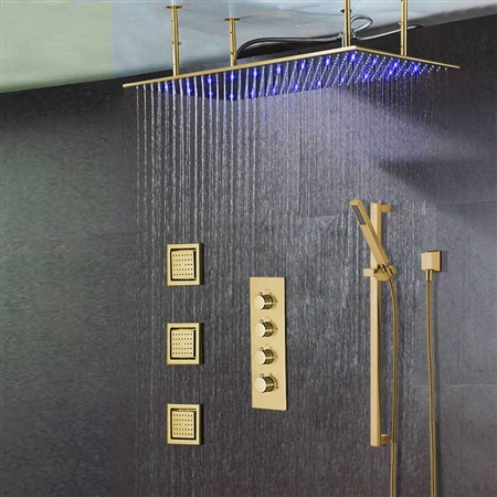 BathSelect Solid Brass Multi Color LED Rainfall Shower Head With Handheld Shower And Thermostatic Mixer In Brushed Gold Finish