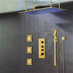 BathSelect Solid Brass Multi Color LED Rainfall Shower Head With Handheld Shower And Thermostatic Mixer In Gold Finish