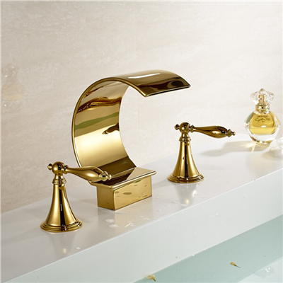 Waterfall Spout Bathroom Sink  Faucet Double Knobs Sink Mixer Tap Gold Finish