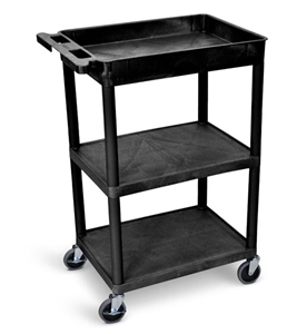 Luxor STC122-B Black 3-Shelf Tub Top Cart w/Flat Middle/Bottom Shelves