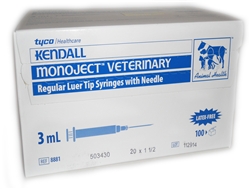 Monoject Syringe 3 cc, 20 ga. x 1.5", Regular Luer, 100/Box