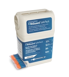 UltiCare UltiGuard Insulin Syringe U-100 1/2 cc, 30 ga. x 1/2", Syringe Dispenser and Sharps Container, Box of 100