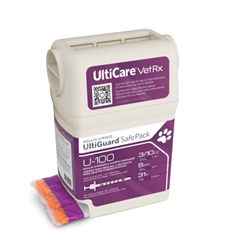 UltiCare UltiGuard Insulin Syringe U-100 3/10 cc, 31 ga. x 5/16", Syringe Dispenser and Sharps Container, Box of 100