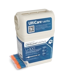 UltiCare VetRx UltiGuard Insulin Syringe U-100 1/2 cc, 31 ga. x 5/16", Syringe Dispenser and Sharps Container, Box of 100