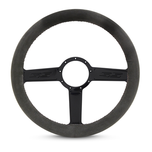 Full Wrap SS Logo F Series- Suede Billet Steering Wheel 13-1/2" Gloss Black Spokes/Black Suede Grip