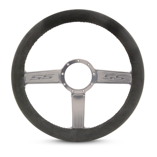 Full Wrap SS Logo F Series- Suede Billet Steering Wheel 13-1/2" Clear Anodized Spokes/Black Suede Grip