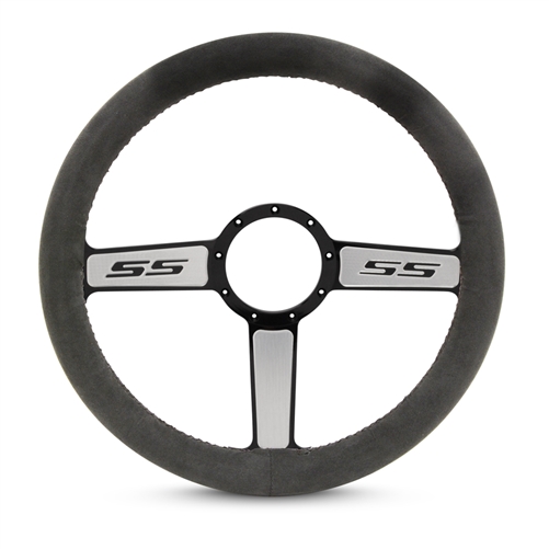 Full Wrap SS Logo F Series- Suede Billet Steering Wheel 13-1/2" Black Spokes with Machined Highlights/Black Suede Grip