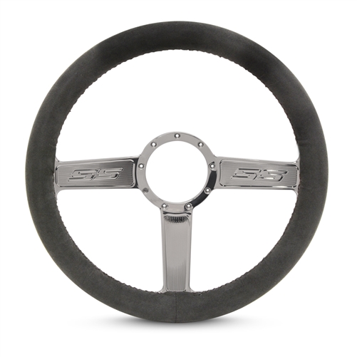 Full Wrap SS Logo F Series- Suede Billet Steering Wheel 13-1/2" Polished Spokes/Black Suede Grip