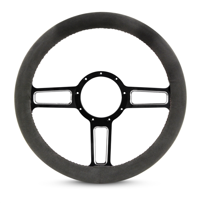 Full Wrap Launch F Series- Suede Billet Steering Wheel 13-1/2" Black Spokes with Machined Highlights/Black Suede Grip