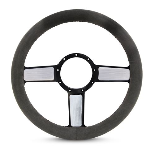 Full Wrap Linear F Series Suede Billet Steering Wheel 13-1/2" Black Spokes with Machined Highlights/Black Suede Grip