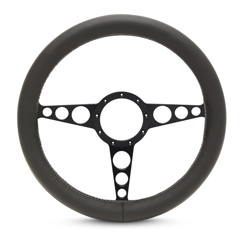 Full Wrap Racer F Series- Leather Billet Steering Wheel 13-1/2" Black Anodized Spokes/Black Leather Grip