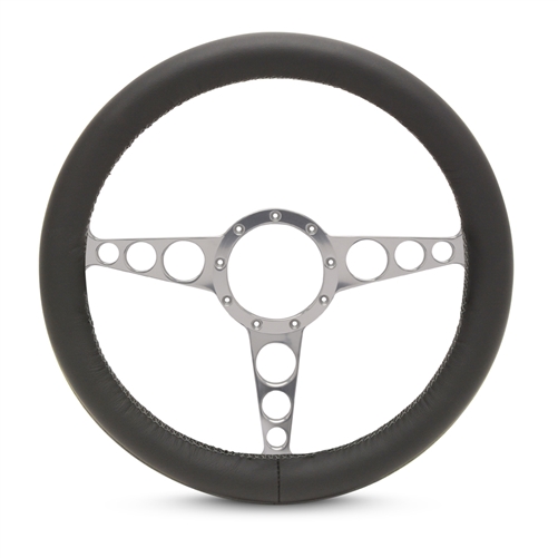 Full Wrap Racer F Series- Leather Billet Steering Wheel 13-1/2" Clear Anodized Spokes/Black Leather Grip