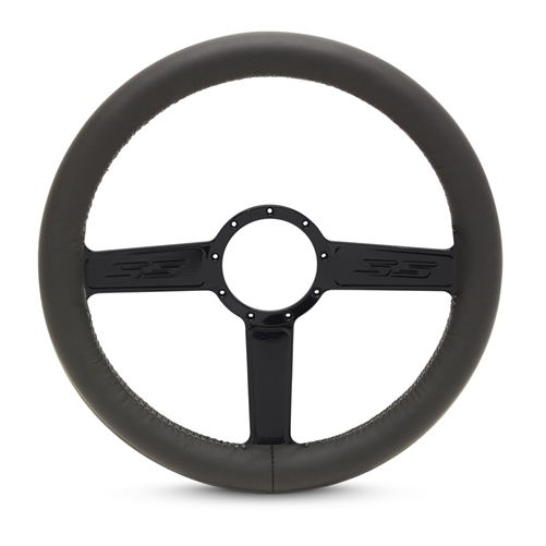 Full Wrap SS Logo F Series- Leather Billet Steering Wheel 13-1/2" Black Anodized Spokes/Black Leather Grip