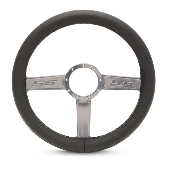 Full Wrap SS Logo F Series- Leather Billet Steering Wheel 13-1/2" Clear Anodized Spokes/Black Leather Grip