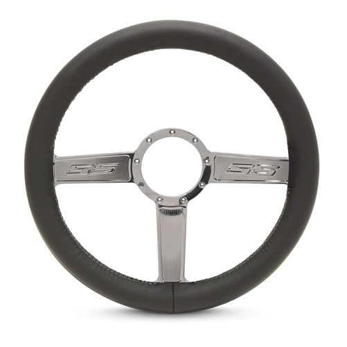 Full Wrap SS Logo F Series- Leather Billet Steering Wheel 13-1/2" Clear Coat Spokes/Black Leather Grip