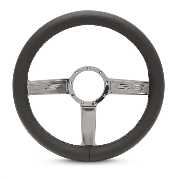Full Wrap SS Logo F Series- Leather Billet Steering Wheel 13-1/2" Clear Coat Spokes/Black Leather Grip