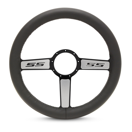 Full Wrap SS Logo F Series- Leather Billet Steering Wheel 13-1/2" Black Spokes with Machined Highlights/Black Leather Grip