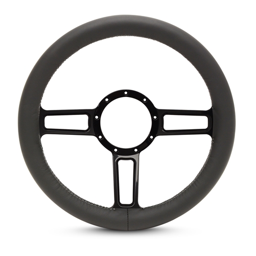 Full Wrap Launch F Series- Leather Billet Steering Wheel 13-1/2" Black Anodized Spokes/Black Leather Grip