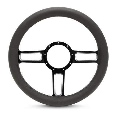 Full Wrap Launch F Series- Leather Billet Steering Wheel 13-1/2" Black Spokes with Machined Highlights/Black Leather Grip