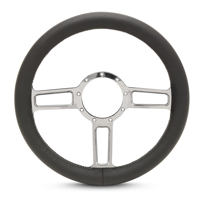 Full Wrap Launch F Series- Leather Billet Steering Wheel 13-1/2" Polished Spokes/Black Leather Grip