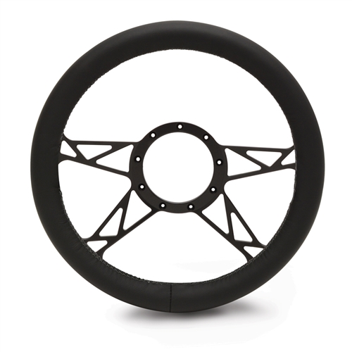 Full Wrap Kinetic 4 Spoke Steering Wheel 13-1/2" Black Anodized Spokes/Black Leather Grip