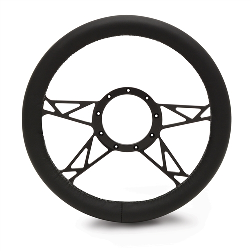 Full Wrap Kinetic 4 Spoke Steering Wheel 13-1/2" Gloss Black Spokes/Black Leather Grip
