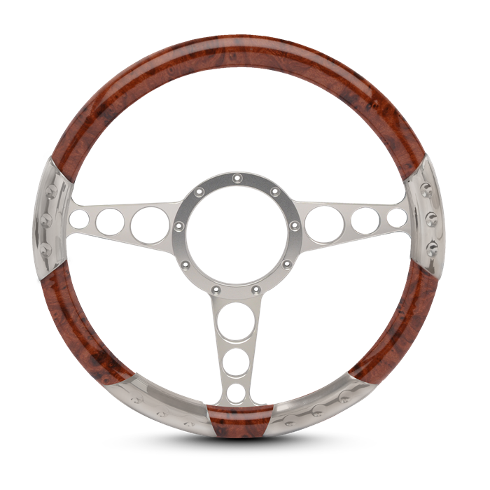Racer Sport Billet Steering Wheel 13-1/2" Clear Anodized Spokes/Woodgrain Grip