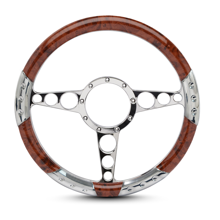 Racer Sport Billet Steering Wheel 13-1/2" Polished Spokes/Woodgrain Grip