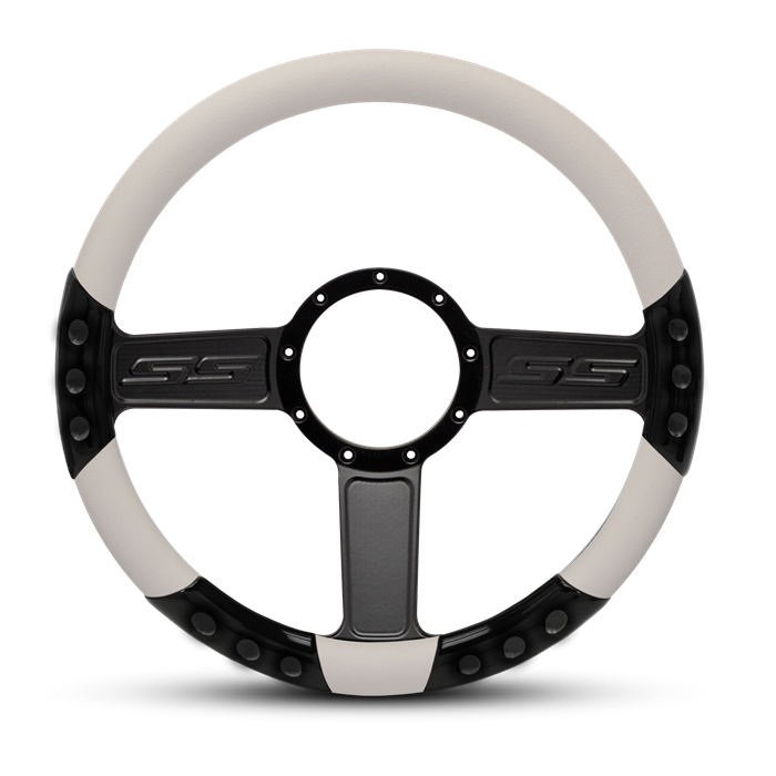 SS Logo Sport Billet Steering Wheel 13-1/2" Gloss Black Spokes/White Grip