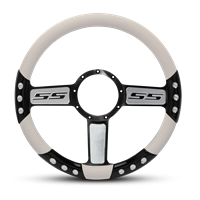 SS Logo Sport Billet Steering Wheel 13-1/2" Black Spokes with Machined Highlights/White Grip