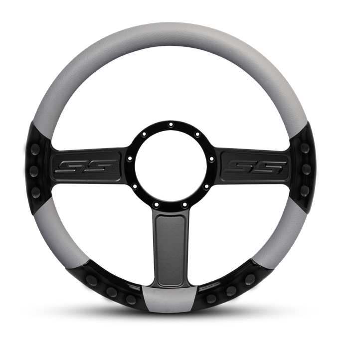 SS Logo Sport Billet Steering Wheel 13-1/2" Gloss Black Spokes/Grey Grip