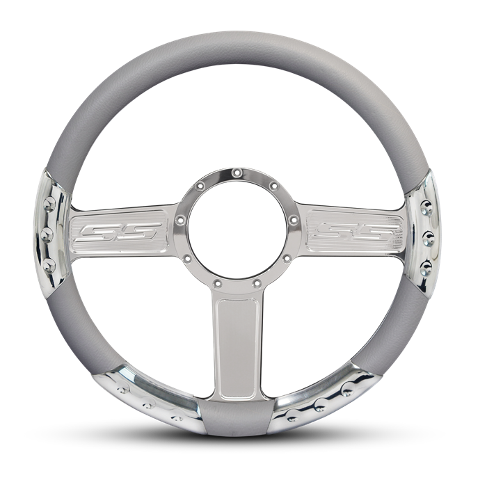 SS Logo Sport Billet Steering Wheel 13-1/2" Polished Spokes/Grey Grip