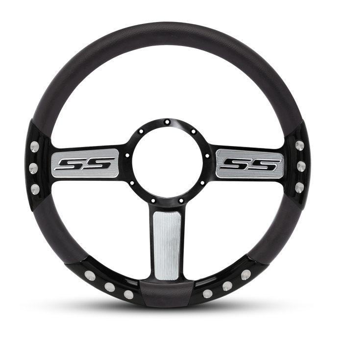 SS Logo Sport Billet Steering Wheel 13-1/2" Black Spokes with Machined Highlights/Black Grip