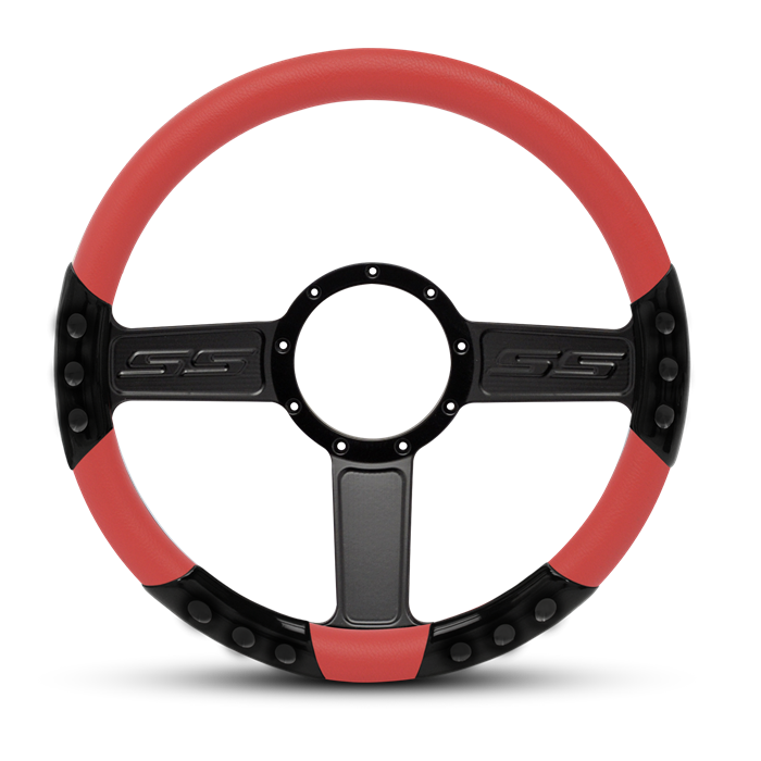 SS Logo Sport Billet Steering Wheel 13-1/2" Gloss Black Spokes/Red Grip