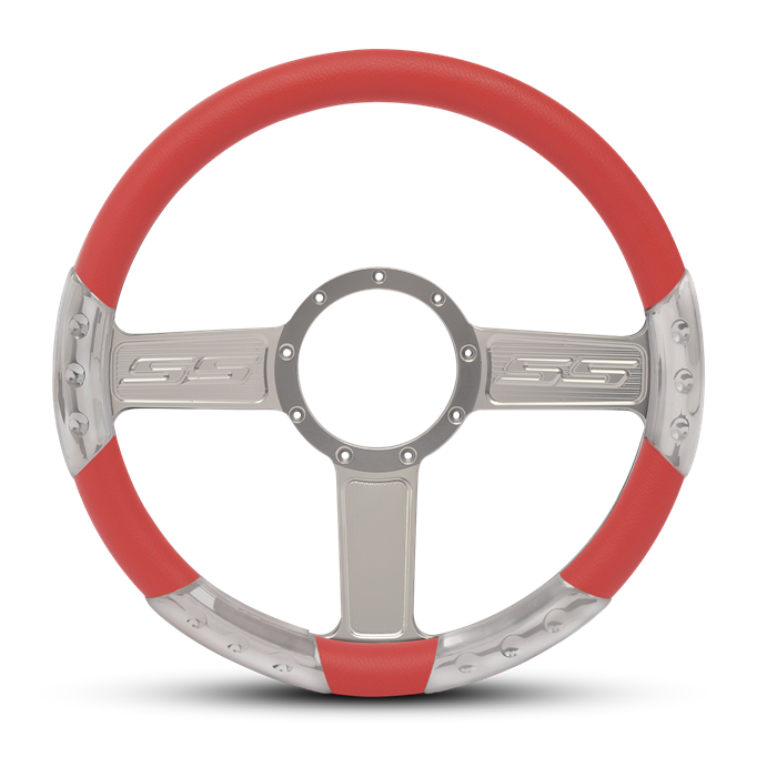 SS Logo Sport Billet Steering Wheel 13-1/2" Clear Coat Spokes/Red Grip