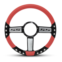 SS Logo Sport Billet Steering Wheel 13-1/2" Black Spokes with Machined Highlights/Red Grip