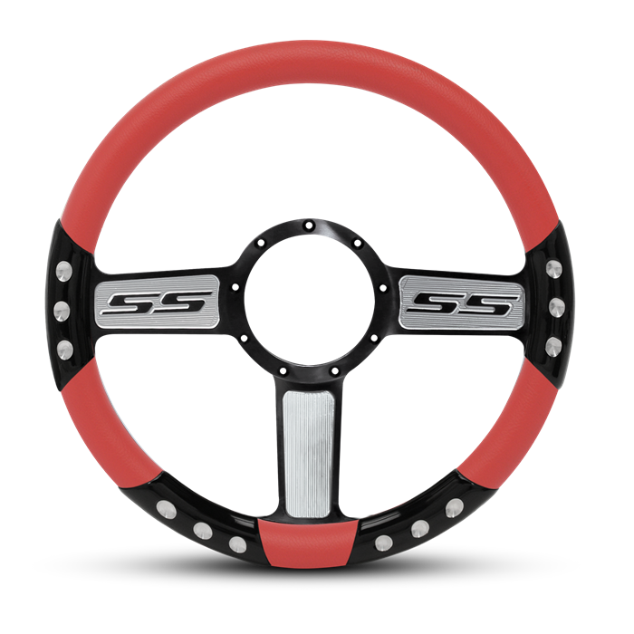 SS Logo Sport Billet Steering Wheel 13-1/2" Black Spokes with Machined Highlights/Red Grip