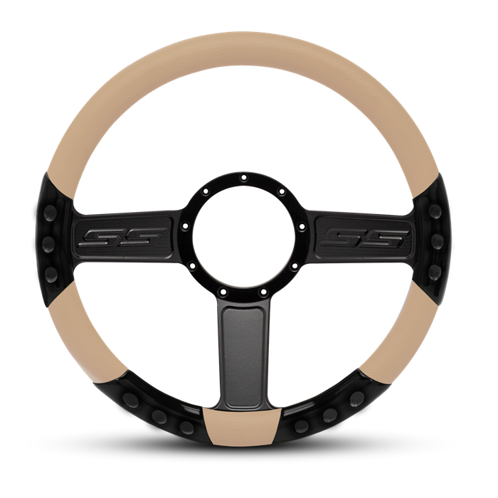 SS Logo Sport Billet Steering Wheel 13-1/2" Gloss Black Spokes/Tan Grip