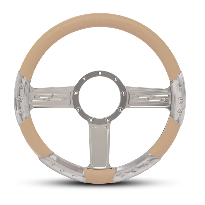 SS Logo Sport Billet Steering Wheel 13-1/2" Clear Anodized Spokes/Tan Grip