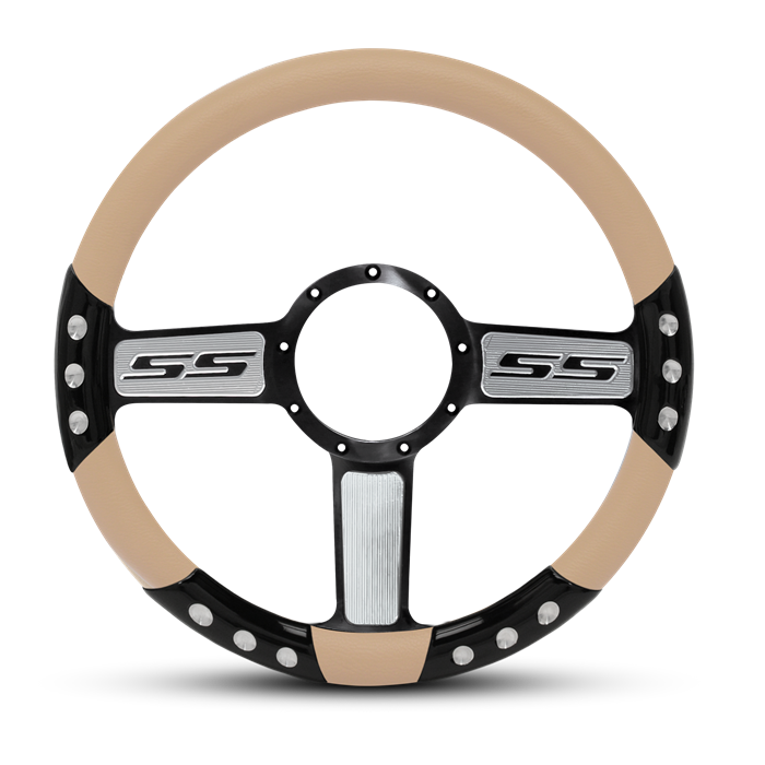 SS Logo Sport Billet Steering Wheel 13-1/2" Black Spokes with Machined Highlights/Tan Grip