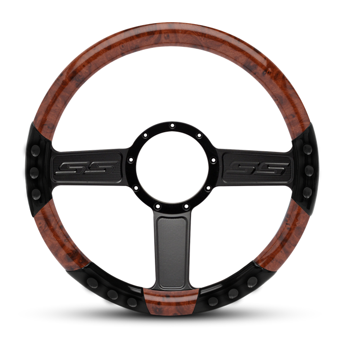 SS Logo Sport Billet Steering Wheel 13-1/2" Gloss Black Spokes/Woodgrain Grip