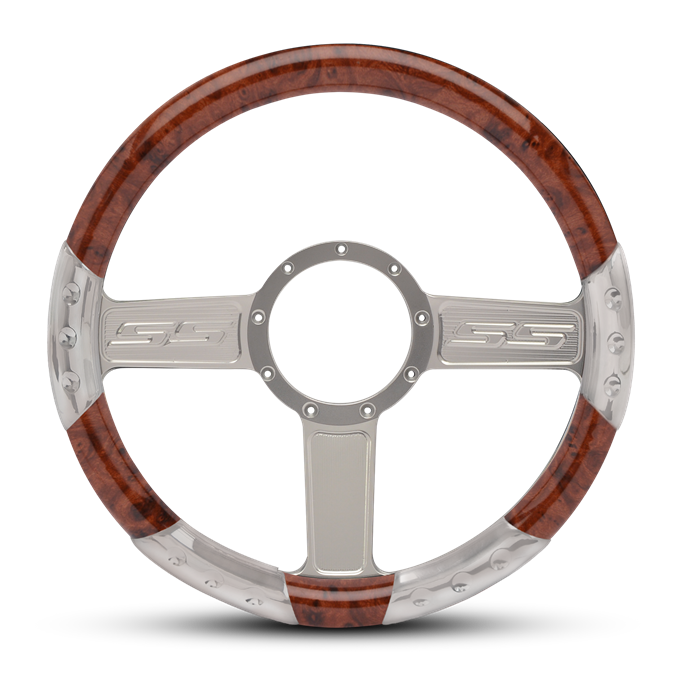 SS Logo Sport Billet Steering Wheel 13-1/2" Clear Coat Spokes/Woodgrain Grip