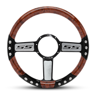 SS Logo Sport Billet Steering Wheel 13-1/2" Black Spokes with Machined Highlights/Woodgrain Grip