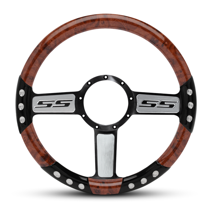 SS Logo Sport Billet Steering Wheel 13-1/2" Black Spokes with Machined Highlights/Woodgrain Grip