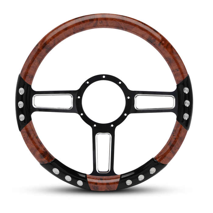 Launch Sport Billet Steering Wheel 13-1/2" Black Spokes with Machined Highlights/Woodgrain Grip