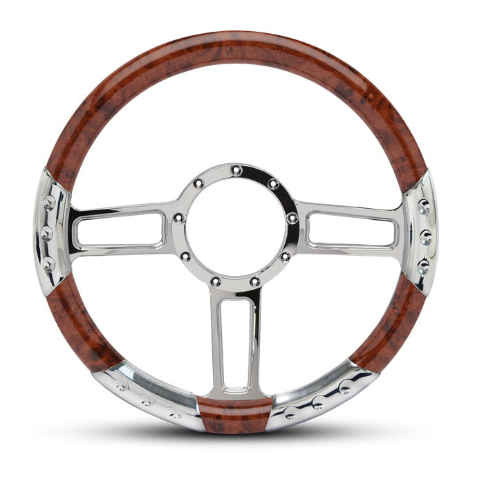 Launch Sport Billet Steering Wheel 13-1/2" Polished Spokes/Woodgrain Grip