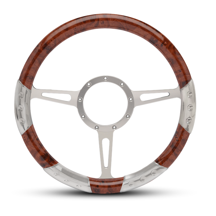 Classic Sport Billet Steering Wheel 13-1/2" Clear Anodized Spokes/Woodgrain Grip