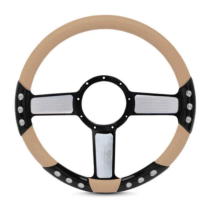 Linear Sport Billet Steering Wheel 13-1/2" Black Spokes with Machined Highlights/Tan Grip