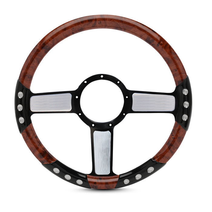 Linear Sport Billet Steering Wheel 13-1/2" Black Spokes with Machined Highlights/Woodgrain Grip
